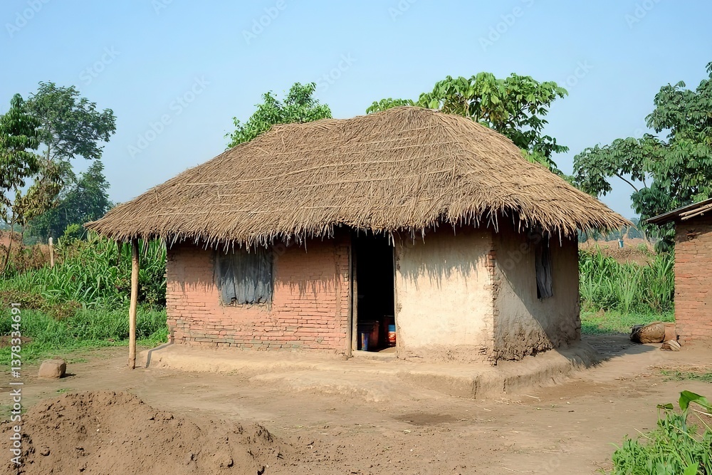 Traditional Indian village house during daytime with thatched roof and surrounding greenery Traditional Indian village house during daytime with thatched roof and surrounding greenery