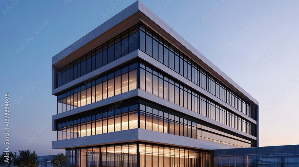 Fototapeta premium Modern architectural office building at sunset urban environment high-resolution image for design inspiration