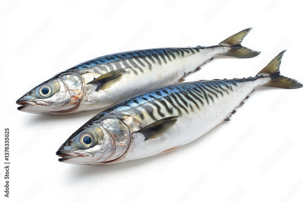 Two fresh raw mackerel fish displayed on a white surface Two fresh raw mackerel fish displayed on a white surface