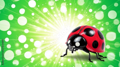 A striking red ladybug stands against a bright green background