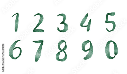 Hand-painted green watercolor numbers arranged in two rows on a white background for design and educational use