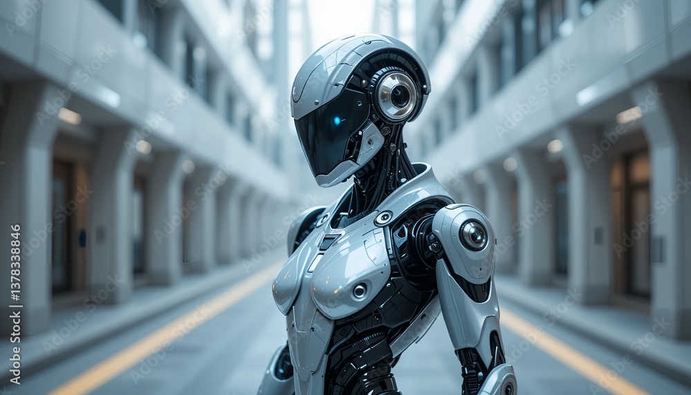 Advanced Robot Standing in a Futuristic Urban Setting: Cutting-Edge Technology and Modern Design. Advanced Robot Standing in a Futuristic Urban Setting: Cutting-Edge Technology and Modern Design.