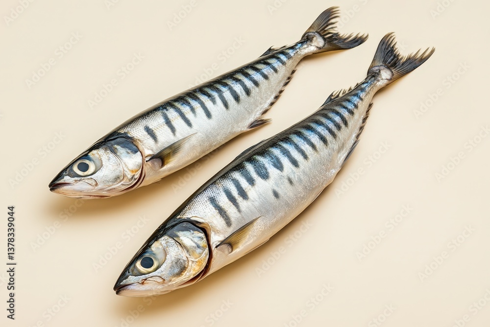 Two fresh raw fish are shown on a plain light background Two fresh raw fish are shown on a plain light background