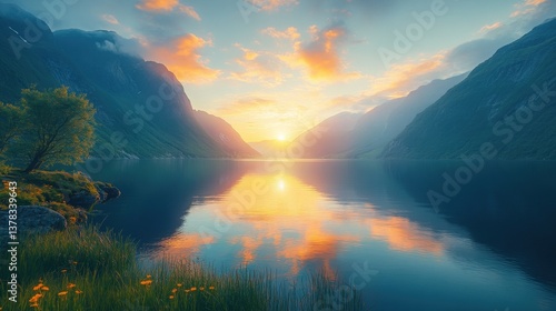 Serene mountain lake at sunrise with golden reflections, peaceful alpine landscape with mirror-like water surface surrounded by green forests and wildflowers.