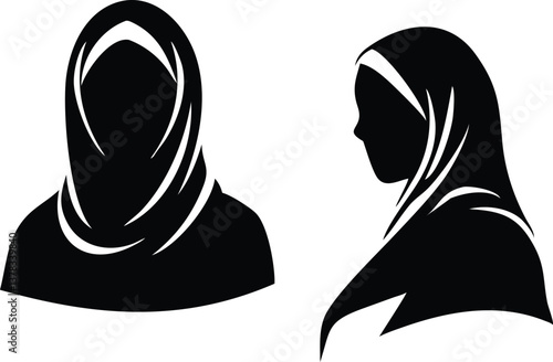Muslim Woman Silhouette in Hijab Facing Front and Side, Transparent Background