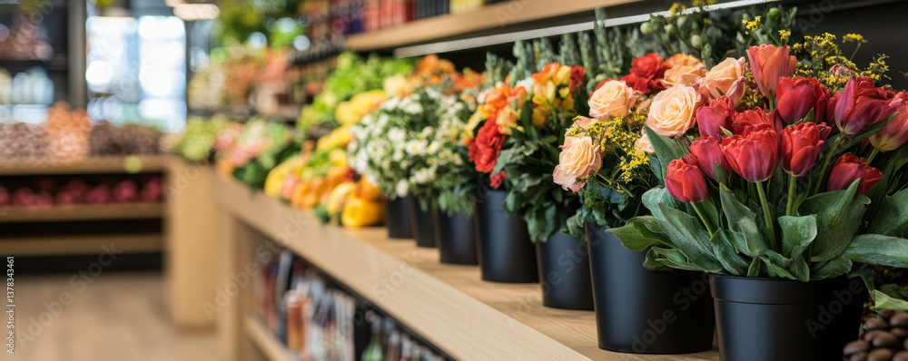 custom made wallpaper toronto digitalFresh flowers pots arranged shelf vibrant market, showcasing variety of colors and types, creating cheerful atmosphere