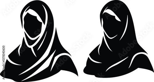Silhouette of Two Muslim Women Wearing Hijabs with Transparent Background