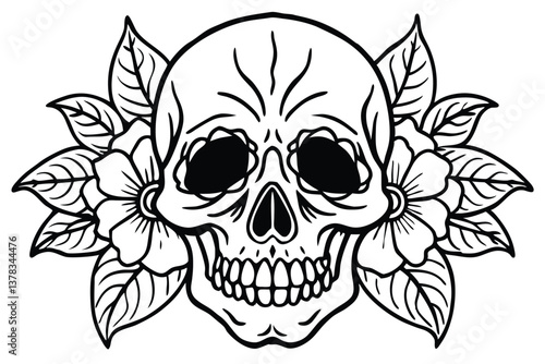 Skull and Flowers Tattoo Style, Elegant Death Art, Line Art Skull Transparent