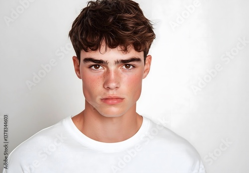 Portrait of a young man with brown hair and freckles