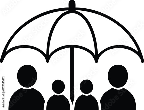 Stylized Family Protected by an Umbrella, Minimalist People Icons Isolated on White