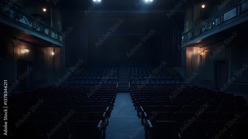 Naklejka premium Haunted theater with dim lighting and ghostly reflections in empty seats