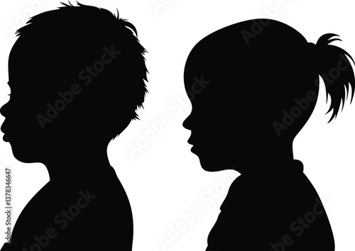 Twin Toddler Silhouette Portraits Boy and Girl Profiles on Transparent Background