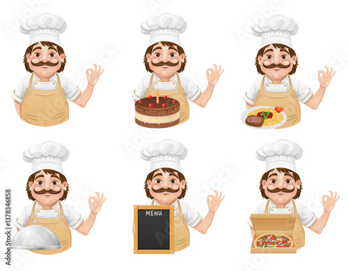 chef man preparing dishes and food in the kitchen vector illustration isolated on white background