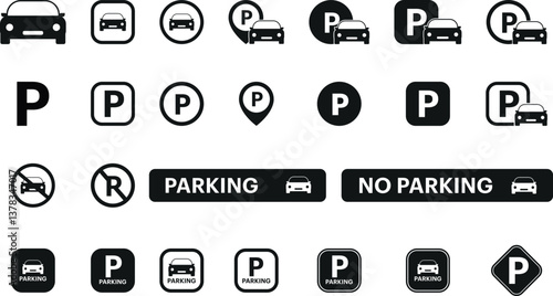 parking sign, road sign, traffic sign, parking icon, no parking icon, symbol, vector, monochrome, black and white
