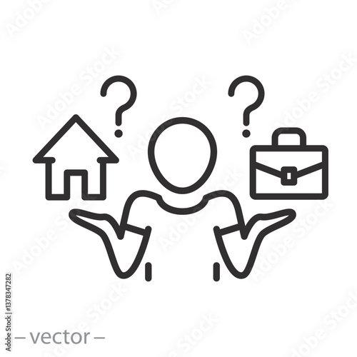 choice home or work icon, career or family question, doubt person, thin line web symbol on white background - editable stroke vector illustration eps10