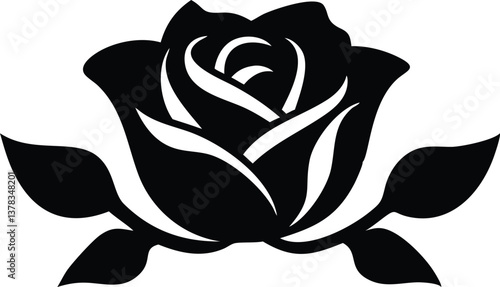 Black and White Rose Silhouette with Decorative Leaves on Transparent Background