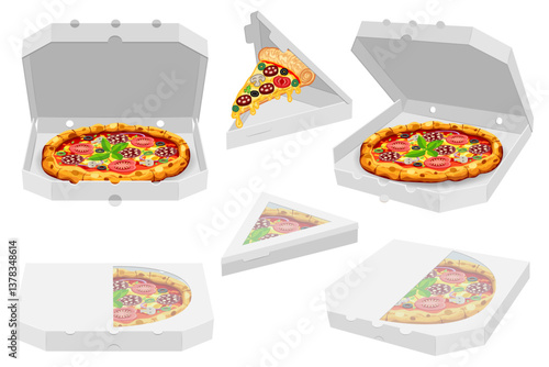 crispy pizza in cardboard box freshly baked with sausage, tomatoes, olives, mushrooms and cheese vector illustration isolated on white background