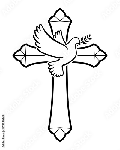 beautiful flying white peace dove pigeon bird outline with olive branch silhouette on christian cross crucifix vector isolated on transparent background