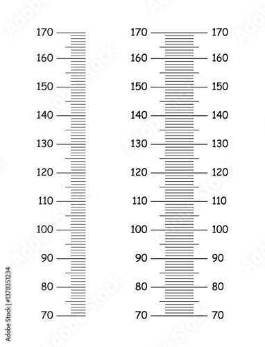 Height chart from 70 to 170 centimeters. Set of mockups for wall growth sticker. Meter wall or growth ruler template. Black graphic illustration.