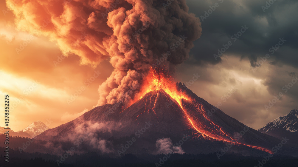 Fototapeta premium Majestic volcano erupts with fiery lava and thick smoke, creating dramatic landscape under moody sky