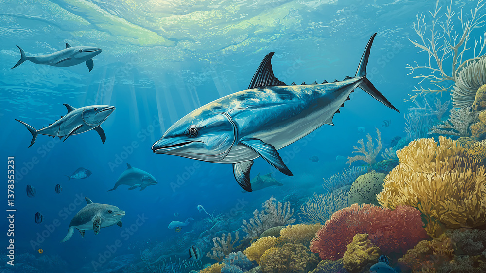 Fototapeta premium An underwater scene with a healthy ocean ecosystem featuring tuna fish swimming alongside other marine species like dolphins and sea turtles