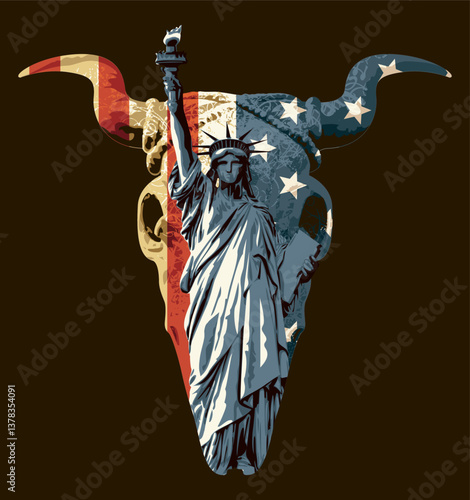Vector banner with bull skull, flag of the United States of America and New York city Statue of Liberty. Graphic print for clothes, fabric, wallpaper, wrapping paper, t-shirt design