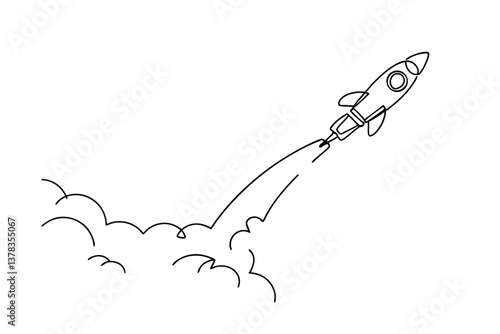 Simple Line Drawing of a Rocket Launching into Space