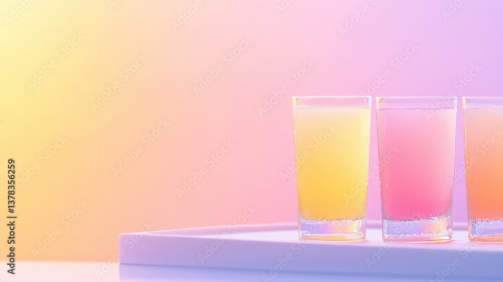 Pastel Drinks on Tray, Three pastel colored drinks in glasses on a white tray. Pastel Drinks on Tray, Three pastel colored drinks in glasses on a white tray.
