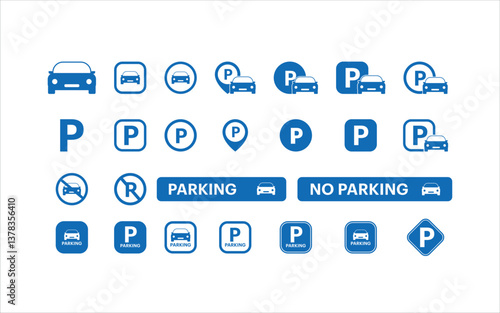 "set of blue parking and road signs, minimalist icons, no text, vector symbols, clean design"
