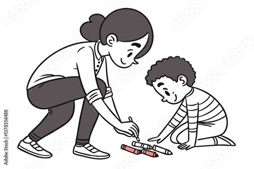 A child helping a classmate pick up crayons from the floor, with a cheerful