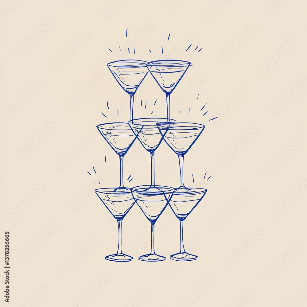 Pyramid champagne tower art illustration cocktail.
