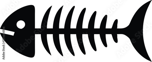 Black Fish Skeleton Icon Isolated on White, Minimalist Design, Marine Life Remains