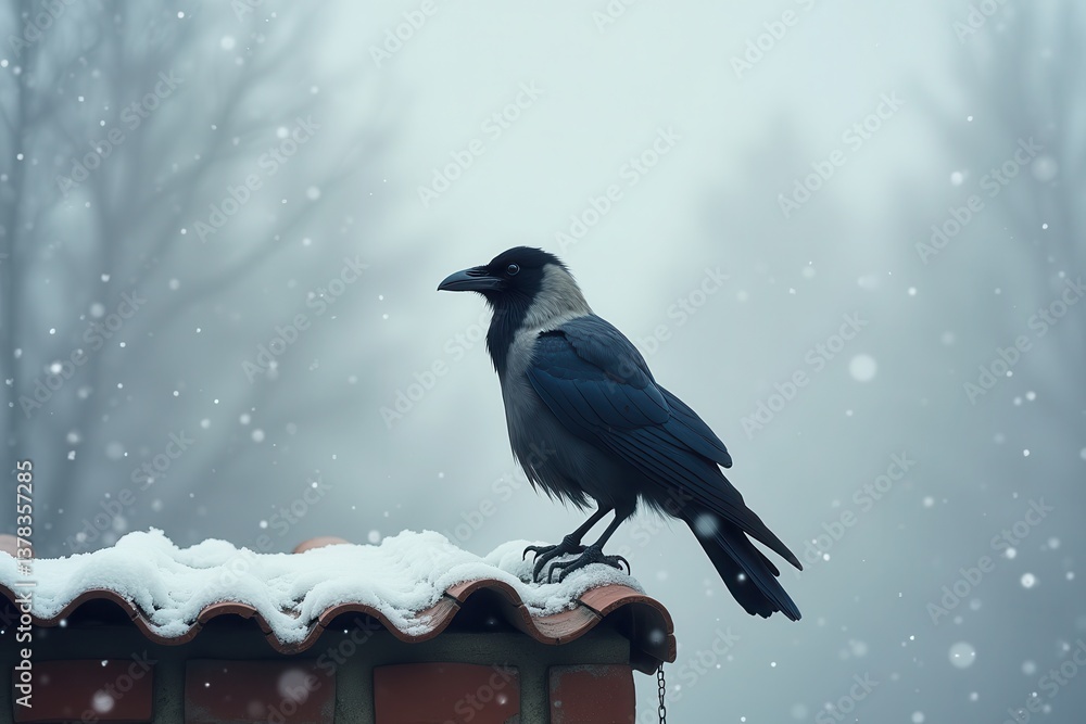 Fototapeta premium Crow perched on snowy roof winter snowfall