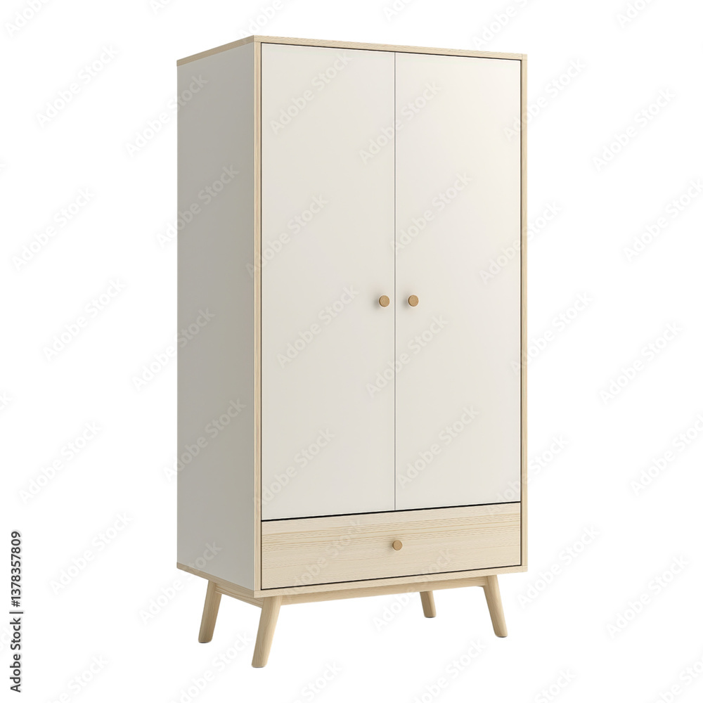 Minimalist Scandinavian wardrobe with white doors, light wood frame, and modern design, perfect for contemporary interiors