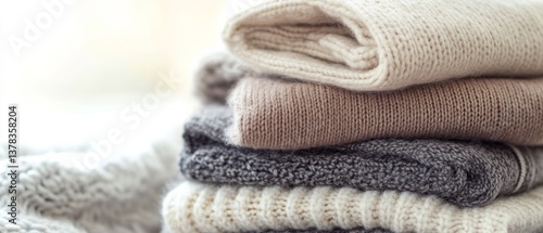 A neat stack of varied textured sweaters creates a cozy and warm visual, evoking thoughts of comfort, warmth, and winter preparation.
