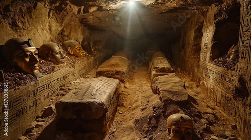 Massive underground burial complex, where archaeologists uncover a treasure-filled sarcophagus surrounded by jeweled amulets, sacred relics, and golden death masks.