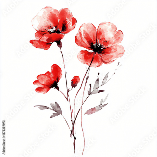 Fototapeta Naklejka Na Ścianę i Meble -  Watercolor art drawing painting of set of three red poppy flowers with buds and green leaves. White background