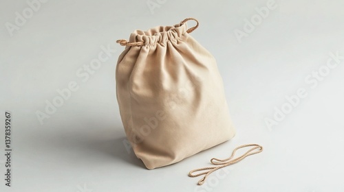 . A cotton drawstring bag, light brown color, lying flat on a plain light gray background, with natural fabric texture visible