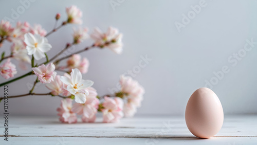 A single, pale egg rests gently beside a delicate branch of blossoming pink flowers, a serene springtime scene bathed in soft light.