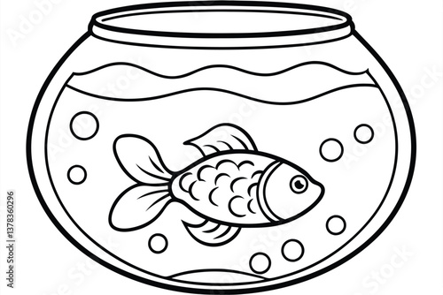 Black Outline Drawing of Goldfish in Fishbowl with Bubbles on Transparent Background