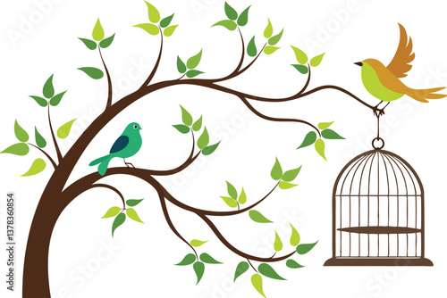 Birds on Tree Branch with Birdcage on White Background