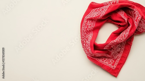 A cotton bandana in red, neatly folded on a plain cream background, full view with visible stitching and fabric texture.