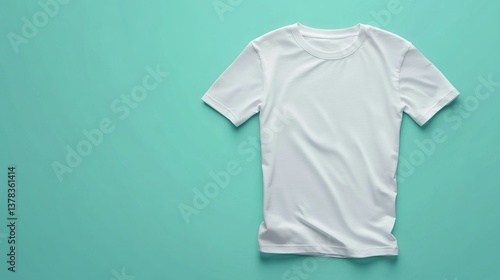 A clean white T-shirt, short-sleeved, laying flat on a mint green background, wrinkles visible with realistic shadows.
