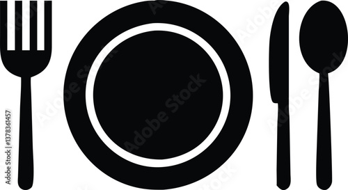Black Silhouette Cutlery Set, Plate, Fork, Knife, and Spoon on Transparent Background