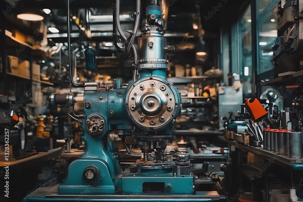 A large machine dominates a workshop full of tools and equipment A large machine dominates a workshop full of tools and equipment