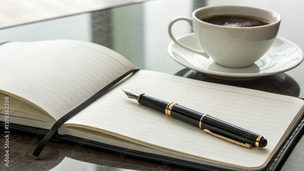 Business Travel concept. Notebook with a pen beside a cup of coffee on a table. Business Travel concept. Notebook with a pen beside a cup of coffee on a table.