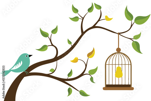 Cartoon Bird on Branch with Leaves, Caged Bird, Tree, Nature, and White Background