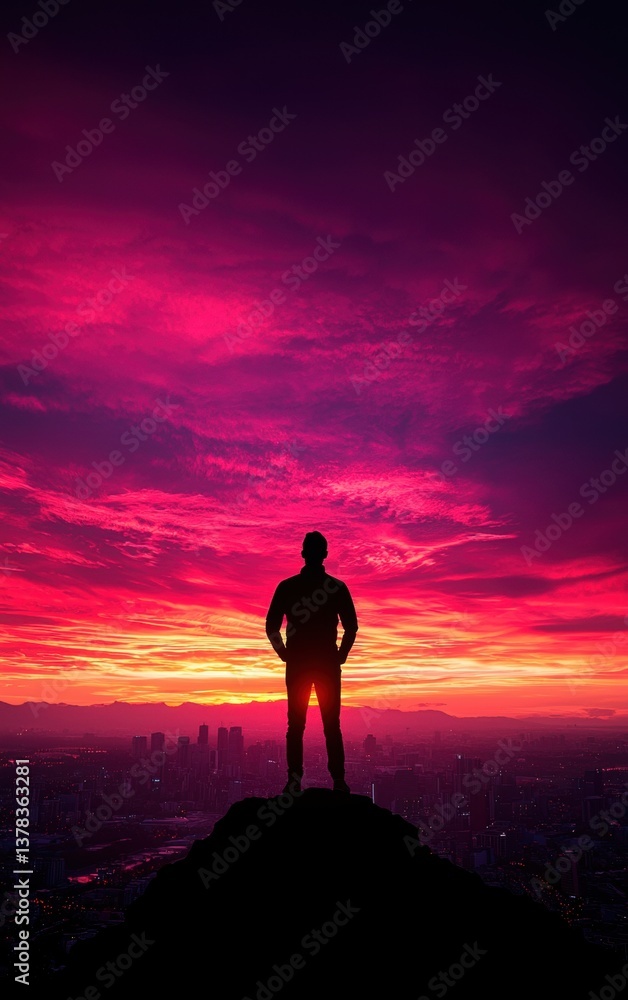 A silhouette of a person stands atop a mountain against a vibrant sunset, creating a striking contrast of colors in the sky. A silhouette of a person stands atop a mountain against a vibrant sunset, creating a striking contrast of colors in the sky.