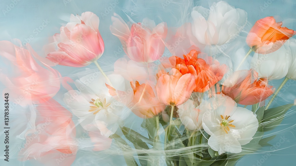 A Beautiful Arrangement of Colorful Tulips on a Light Background A Beautiful Arrangement of Colorful Tulips on a Light Background