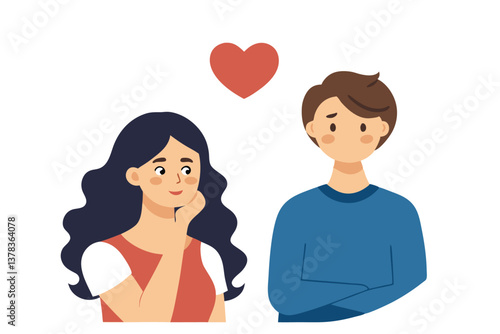 Cartoon Couple with Heart on White Background Woman Thinking, Man Standing